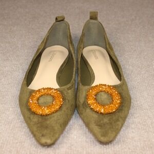 C.Paravano Olive Green Suede Pointed Toe Flats with Amber Beaded Detail Size 42